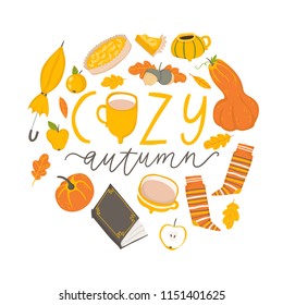 Autumn card template with bright and cozy fall elements. Can be use like poster, card, label, banner design. Bright cartoon fall background. Vector illustration EPS10