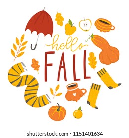 Autumn card template with bright and cozy fall elements. Can be use like poster, card, label, banner design. Bright cartoon fall background. Vector illustration EPS10