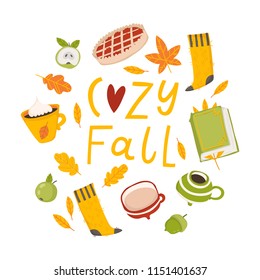 Autumn card template with bright and cozy fall elements. Can be use like poster, card, label, banner design. Bright cartoon fall background. Vector illustration EPS10