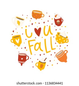 Autumn card template with cups, dots and lettering. Bright fall elements. Poster, card, label, banner design. Bright cartoon fall background. Vector illustration EPS10
