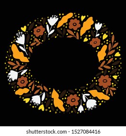 Autumn card. Template with fall leaves and flowers. Hand drawn vector illustration. For cards, invitations, posters, flyers, banners.