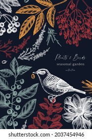 Autumn card template with hand-sketched bird and plants. Elegant botanical design with autumn leaves, berries, flowers and Dunnock bird sketches. Perfect for wedding invitation, cards, flyers, banners