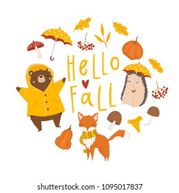 Autumn card template with illustrations and lettering. Bright fall elements. Poster, card, label, banner design. Bright cartoon fall background. Vector illustration EPS10