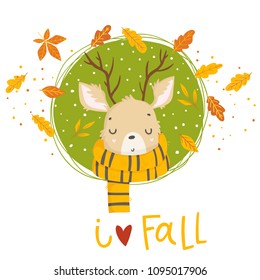 Autumn card template with illustrations and lettering. Bright fall elements. Poster, card, label, banner design. Bright cartoon fall background. Vector illustration EPS10