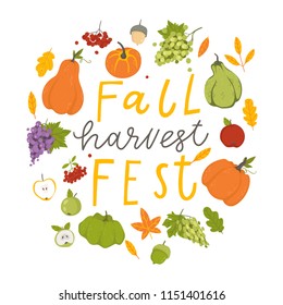 Autumn card template with leaves, pumpkins and lettering. Bright fall elements. Poster, card, label, banner design. Bright cartoon fall background. Vector illustration EPS10