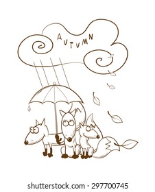 Autumn card with three cartoon foxes who hide under an umbrella. Rainy  weather.