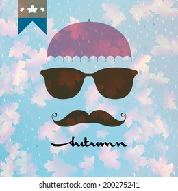 Autumn card with Umbrella and Moustaches, Sun glasses. EPS 10 vector