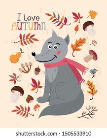 Autumn card with wolf and leaves