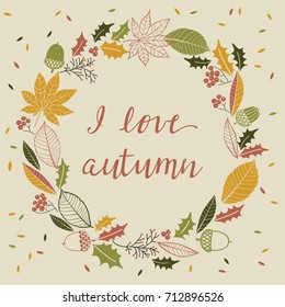 Autumn card with wreath of leaves, mushrooms, acorns