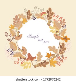 autumn card with a wreath of leaves on a beige background