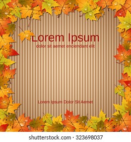 Autumn  cardboard background, colorful leaves frame with waterdrops. 