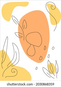 
Autumn cards. Abstract postcard for the autumn theme. Autumn leaves and mushroom with abstract elements. Doodle background, postcard, card for decoration