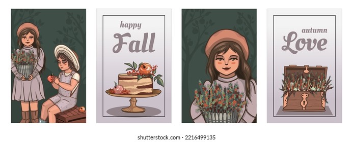 Autumn cards with apple cake, wooden chest, a basket of leaves, and girls who have harvested. Cute fall decorative objects. Thanksgiving day, fall concept.