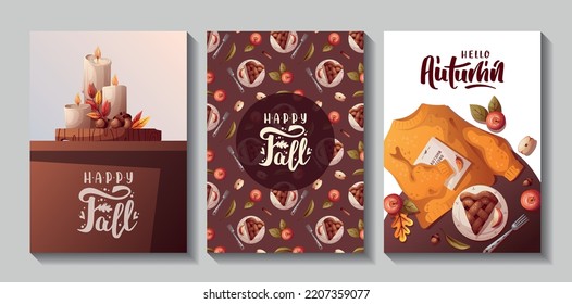 Tarjetas de otoño con pastel de manzana, velas, hojas de otoño, suéter caliente. Otoño, cosecha, día de acción de gracias, concepto de caída. Ilustración vectorial. Cartas, postales, afiches.