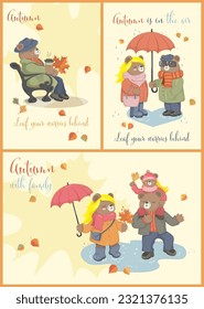 Autumn cards with cartoon bears.  Autumn season. Vector illustration for icon, logo, stickers, t-shirt and etc.