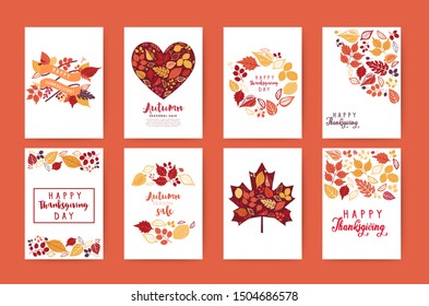 Autumn cards collection. Autumn leaves cards set . Vector Thanksgiving day invitation and greeting cards, flyer, banner, poster templates. Hand drawn herbs, flowers and leaf.