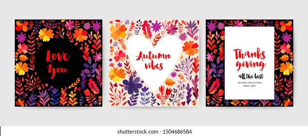 Autumn cards collection. Autumn leaves cards set . Vector Thanksgiving day invitation and greeting cards, flyer, banner, poster templates. Hand drawn herbs, flowers and leaf.