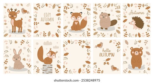 Autumn cards with cute woodland baby animals, seasonal falling leaves, berries drawing and greeting inscription set. Fall banners templates botanical decoration childish design vector illustration