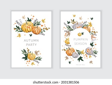 Autumn cards design template with orange, yellow, gray pumpkins, maple leaves, white background. Vector illustration. Nature design. Fall season