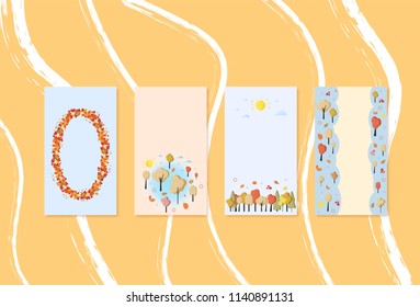Autumn cards with empty space for text. Set of  backgrounds with  autumn elements for social media networks. Vertical templates for story with trees and leaves decoration. Vector illustration.