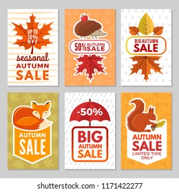 Autumn cards. Hedgehog, fox, squirrel and autumn leaves with umbrella from rain. Vector autumn symbols of cards for big sales. Discount autumn, sale card, price offer promotion illustration