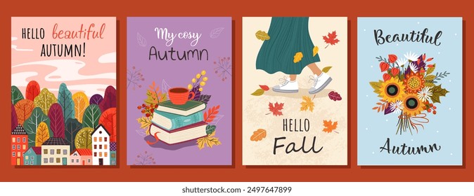 Autumn cards. Love autumn. Hello Autumn. Leaves bouquet flowers twigs. For flyer, poster, banner, brochure, email header. isolated on white background