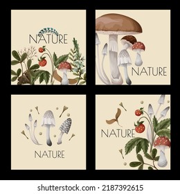 Autumn cards with mushrooms, berries and bugs. Natural trendy print