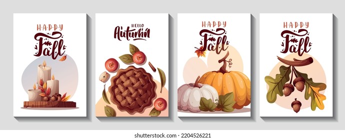 Autumn cards with pumpkins, apple pie, candles, autumn leaves, acorns. Autumn, harvest, thanksgiving day, fall concept. Vector illustration. Cards, postcards, posters.