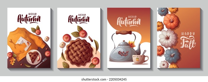 Autumn cards with pumpkins, apple pie, kettle, autumn leaves, warm sweater. Autumn, harvest, thanksgiving day, fall concept. Vector illustration. Cards, postcards, posters.