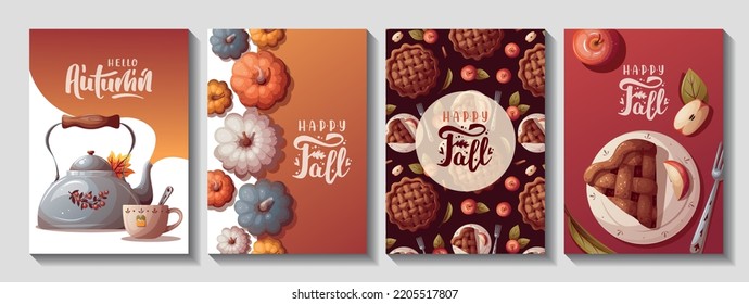 Autumn cards with pumpkins, apple pie, kettle, autumn leaves. Autumn, harvest, thanksgiving day, fall concept. Vector illustration. Cards, postcards, posters.