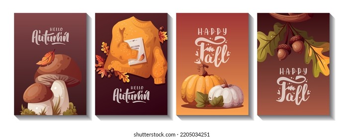 Tarjetas otoñales con calabazas, hojas de otoño, bellotas, setas, suéter caliente. Otoño, cosecha, día de acción de gracias, concepto de caída. Ilustración vectorial. Cartas, postales, afiches.