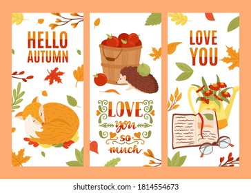 Autumn cards set, fall autumnal leaves and flowers, vector illustration. Vintage cards with cute fox, hedgehog and text Hello autumn, love you. Floral templates with lettering. Decoration banners.