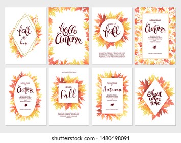 Autumn cards set. Flyer template with floral frame and calligraphy. Vector illustration.