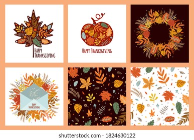 Autumn cards. Set. Happy Thanksgiving day. Seamless pattern. Frame. Falling autumn leaves, maple leaf, pumpkin in freehand drawing style. Greeting card, invitation, flyer, banner. Vector illustration.