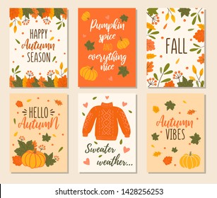 Autumn cards set with quotes, pumpkins, leaves and sweater. Hand drawn fall vector greeting cards illustrations. Pumpkin spice and everything nice. Hello fall. Sweater weather. Autumn vibes