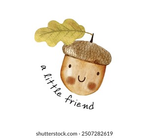 Autumn Cartoon acorn, hand drawing lettering. Colorful illustration, flat style. design for cards, print, poster