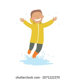 Autumn Cartoon Character Happy Guy Jumping Into A Puddle Splash Rain Illustration