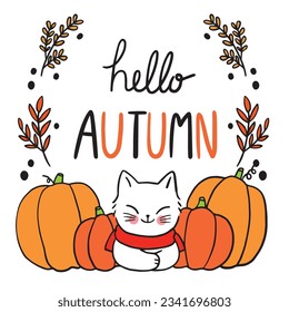 Autumn cartoon cute funny cat vector.