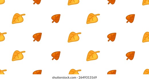 Autumn Cartoon Falling Leaves Pattern. Seamless pattern with cute cartoon autumn leaves in yellow and orange tones. Flat style, warm palette, isolated on white background.