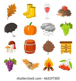 Autumn. Cartoon and flat style. Icon and objects set for design. White background.