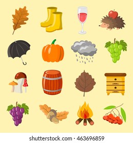 Autumn. Cartoon and flat style. Icon and objects set for design. Light White background.