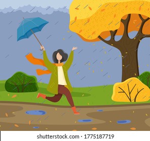 Autumn cartoon girl holding an umbrella, having fun in the rain, running and jumping through puddles. Woman catches leaves that fall from the tree like rain. Rainy cool october weather and a happy kid