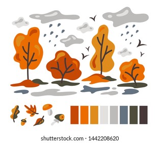 Autumn cartoon illustration. Set of elements for autumn design. Trees, clouds and rain, autumn leaves, mushrooms. Autumn color palette