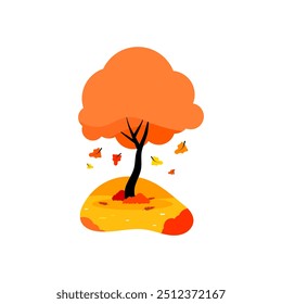 Autumn cartoon illustration, social media post banner vector illustration of autumn landscape and fallen maple tree with orange yellow leaves.