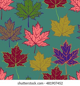 Autumn cartoon leaf pattern. Autumn leaves on teal background. Autumn rainy mood. Autumn seamless pattern. Repeating autumn leaves. Autumn decoration. Autumn paper. Creative autumn pattern. Autumn
