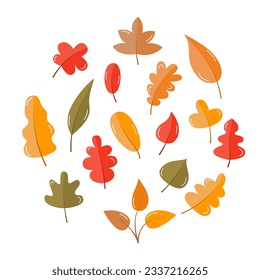 Autumn Cartoon Leaves Circle. Colorful Fall Design Elements Collection. Cute Flat Foliage Set.