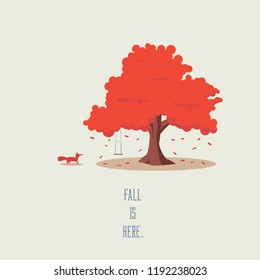 Autumn cartoon with orange tree and little fox. Symbol of fall season, falling leaves, foliage colors. Eps10 vector illustration.