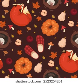 Autumn cartoon pattern. Cozy season. Foxes, hedgehogs and mushrooms. Vector childish illustration.