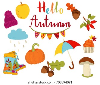 Autumn cartoon plants, food and items set. Fall season collection of hand drawn vector elements for harvest festival, autumn party or Thanksgiving day.