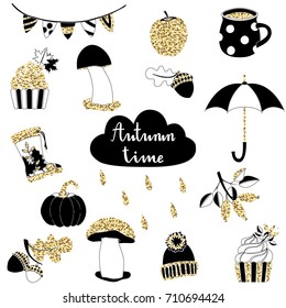 Autumn cartoon plants, food and items set with lettering. Fall season collection of hand drawn vector elements for harvest festival, autumn party or Thanksgiving day. Gold glitter and black colors.